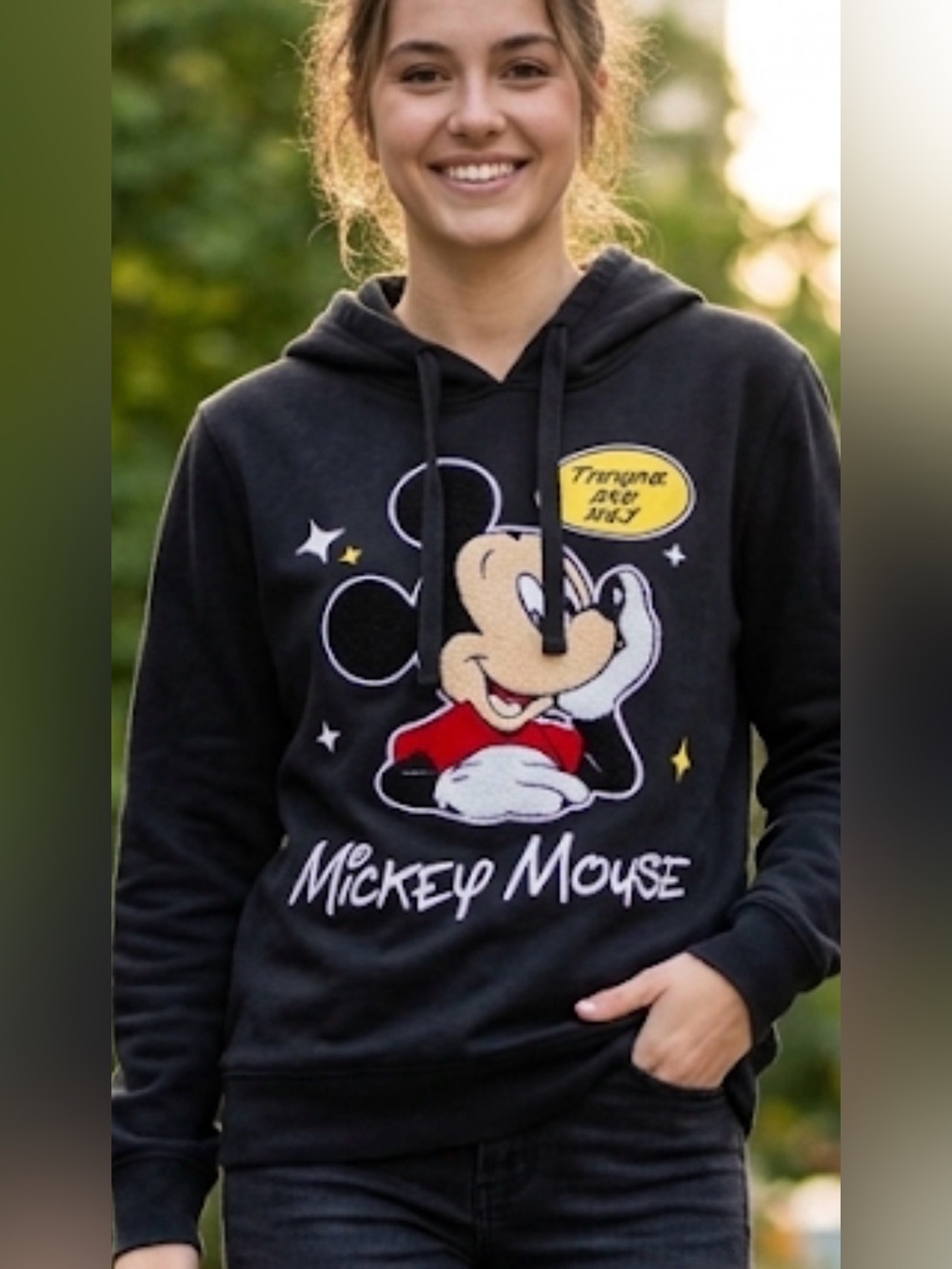 Disney Mickey Mouse "The One and Only" Black Hoodie Small Chenille Patch size S